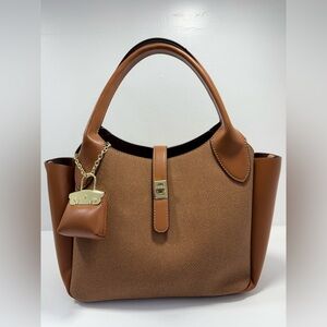 Structured Brown Tote Handbag with Gold Accent